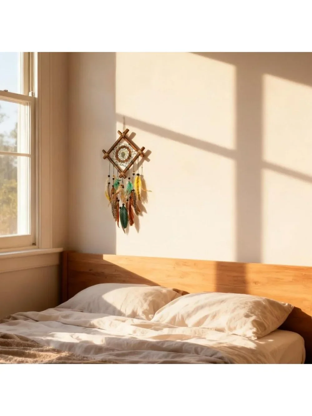 Handmade Boho Dream Catcher Wall Decor | Rattan & Crystal Feathers | Natural
